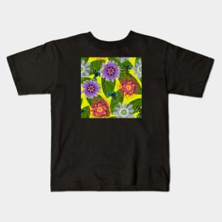 Pretty Poisons: Passionflowers and Poison Dart Frogs on Acid Yellow Kids T-Shirt
